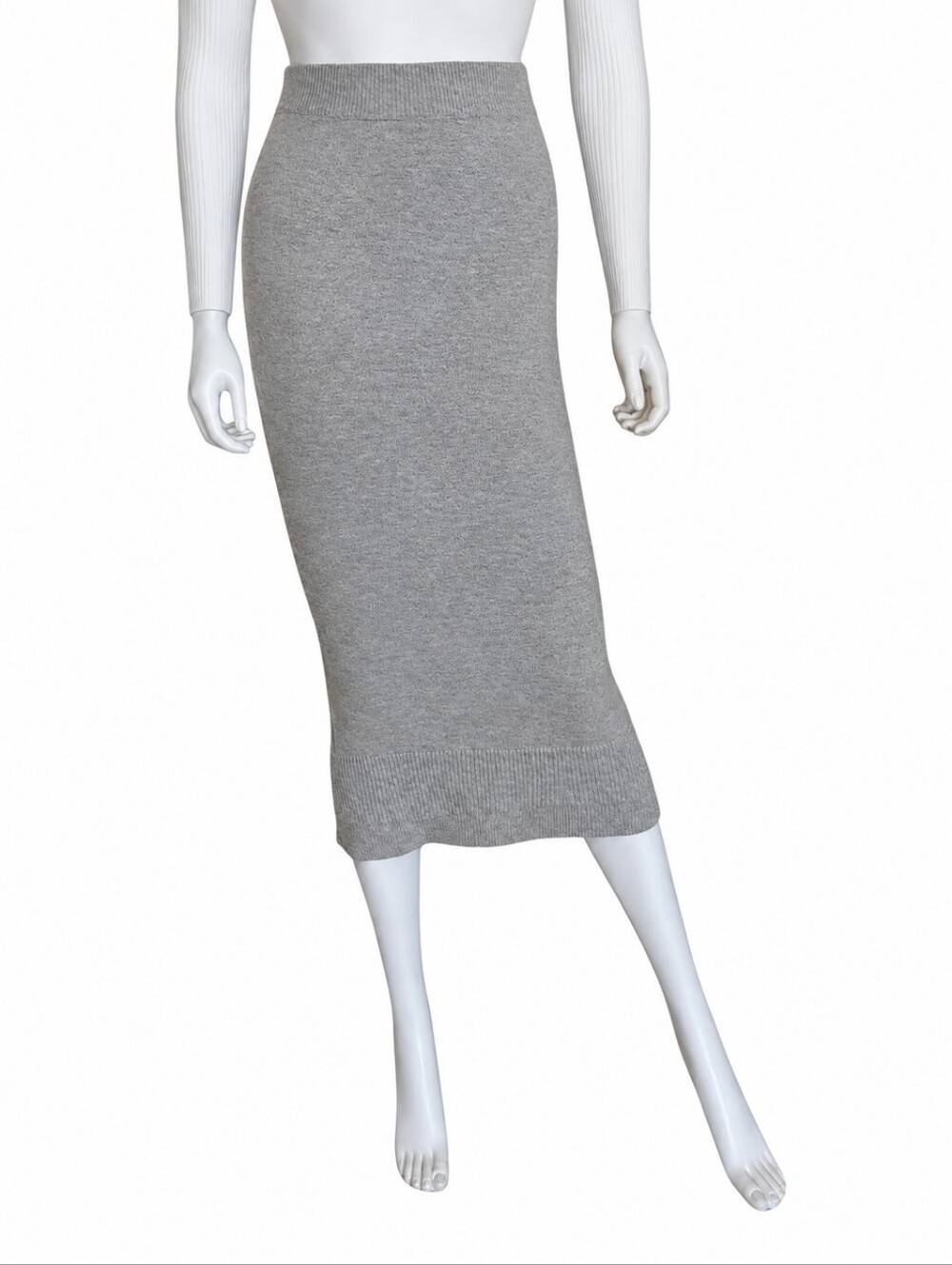 VICTORIA BECKHAM | Gray Wool Knit Midi Pencil Skirt Layered Ribbed Hem